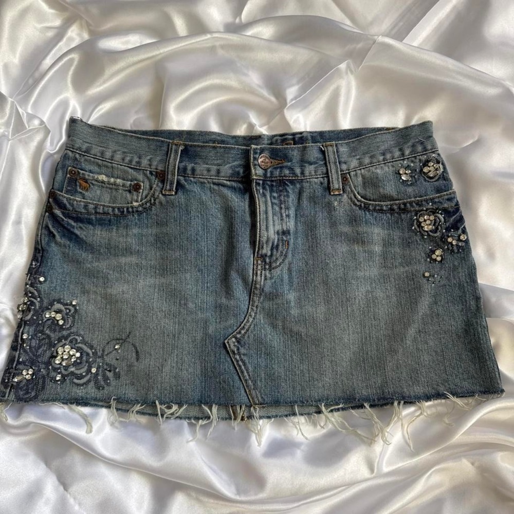 early 2000s ABERCOMBIE mini jean skirt with rhinestone embellishments